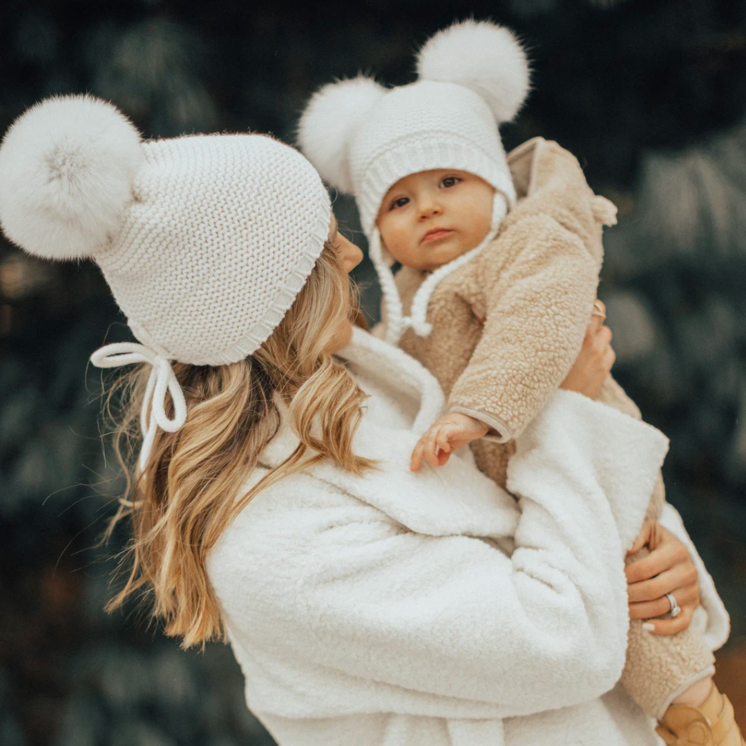 Mommy and Me Winter Hats With Faux Fur Pom Poms, Baby Knit Hat