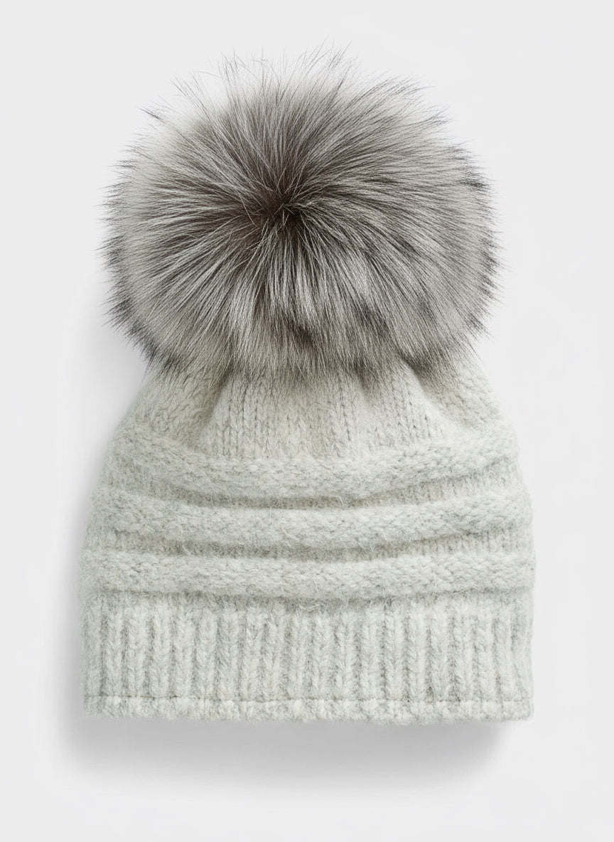 Kyi Kyi Canada Gray Knit Beanie Fox Fur Pom Wool Blend Kyi Kyi Canada CLASSIC FOX FUR -Knit Pom-Pom Hat - Gray main image 2
