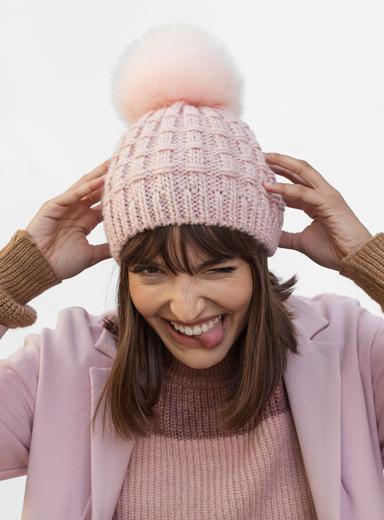 KYI KYI Cable Knit Beret With Faux Fur Pom NEW Pink Beanie Hat Kyi Kyi Cable Knit Wool Blend Beret In Pink One Size NWT | eBay main image 4