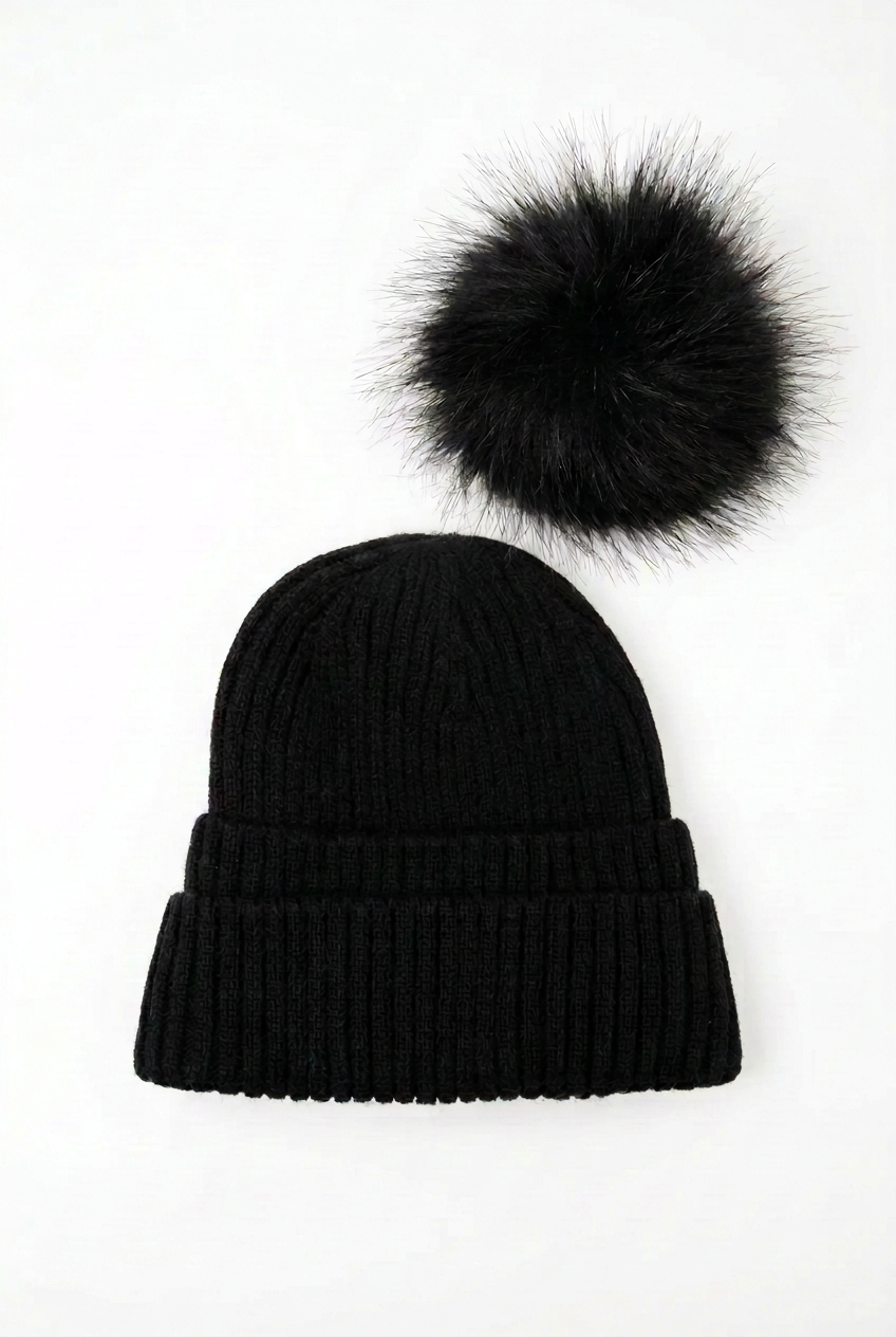 Double Cuff Beanie with Detachable Pom