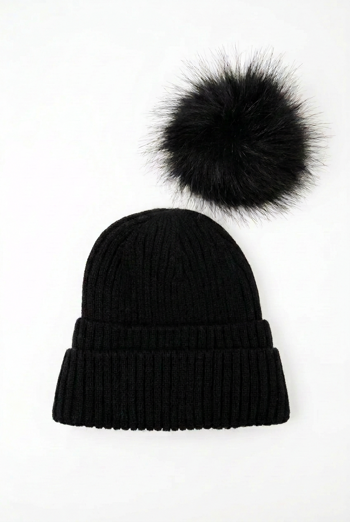 Double Cuff Beanie with Detachable Pom