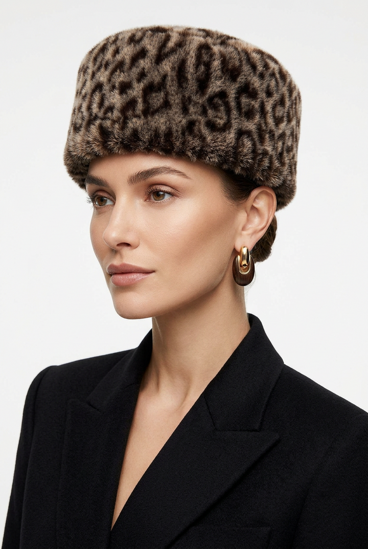 Leopard Faux Fur Pillbox Hat