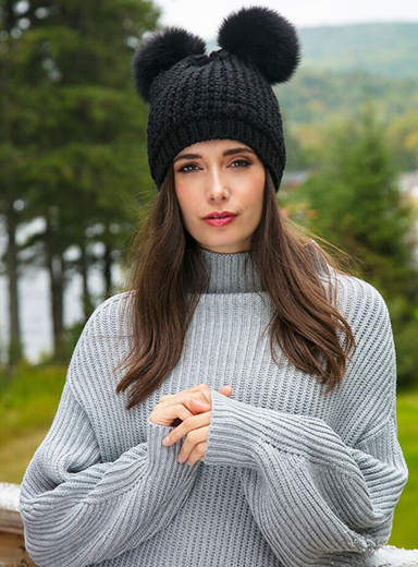 Classic Fur Double Pom Beanie Black