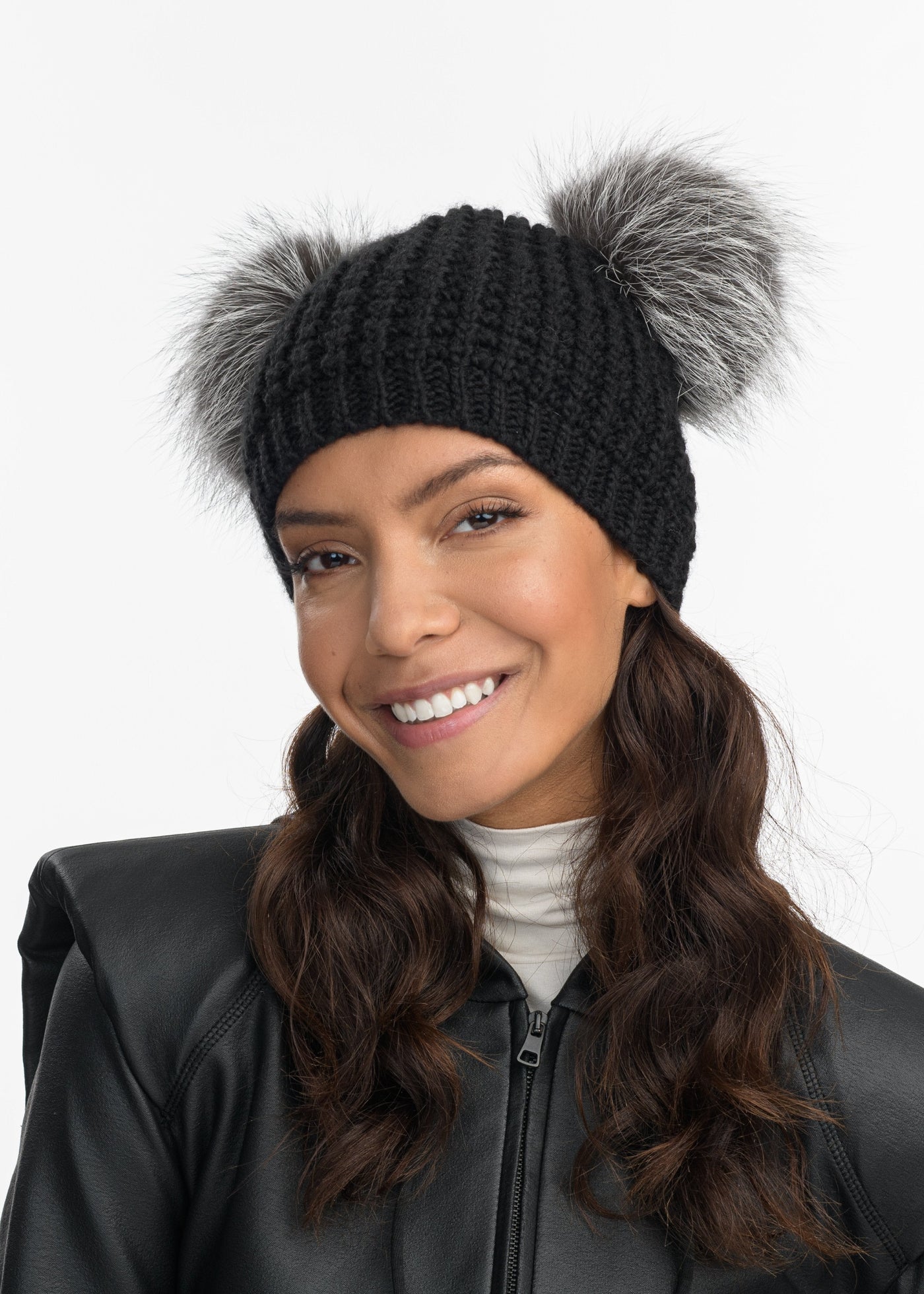 Black Beanie With Real Fox Fur Pom Pom. Soft & Stylish - Haute Acorn