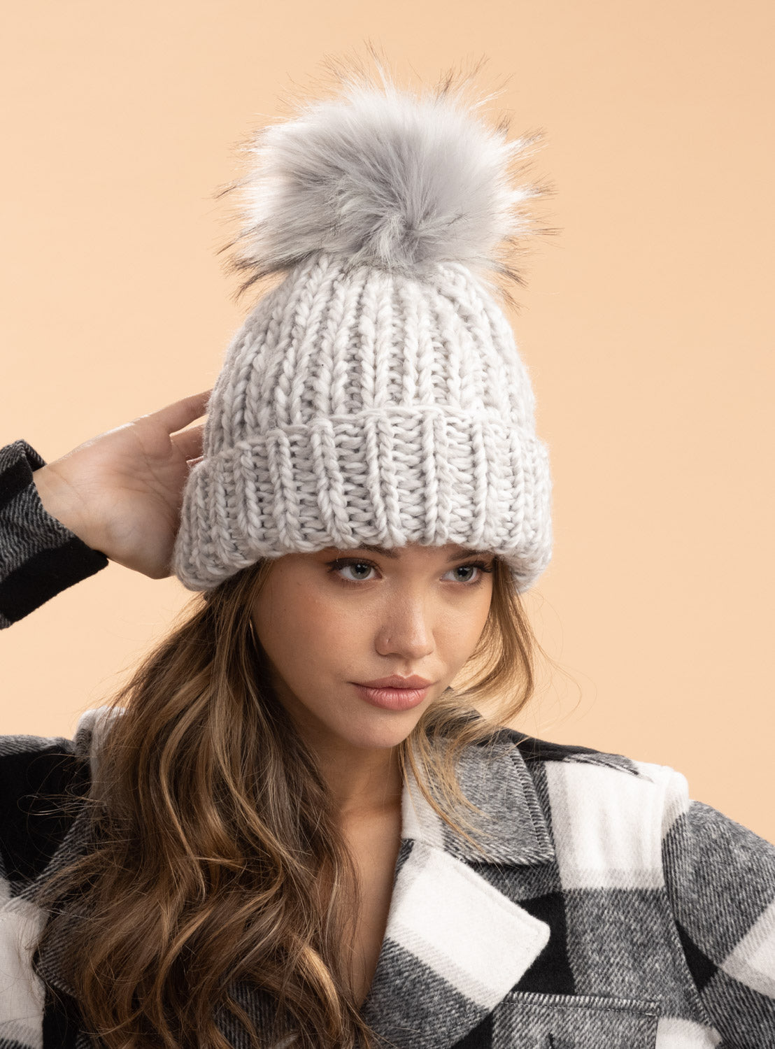 Kyi Kyi Chunky Wool Blend Beanie with Faux Fur Pom in Dove
