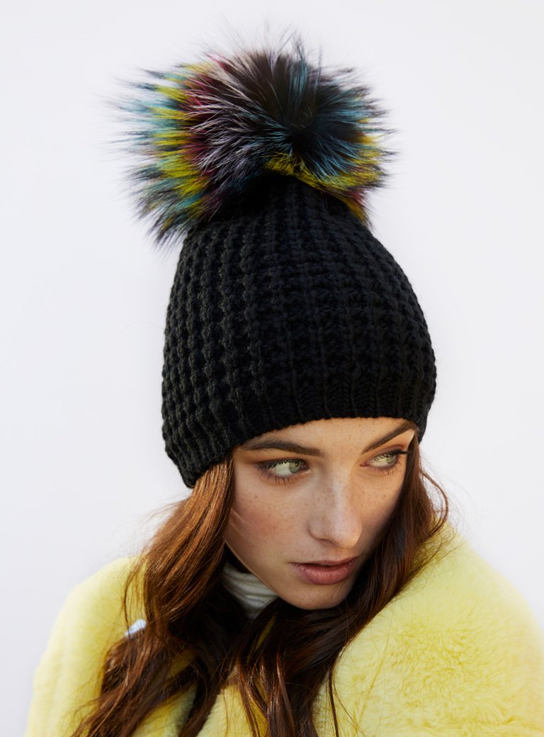 The Knit Mink Fur Hat with Fox Pom in Multiple Colors